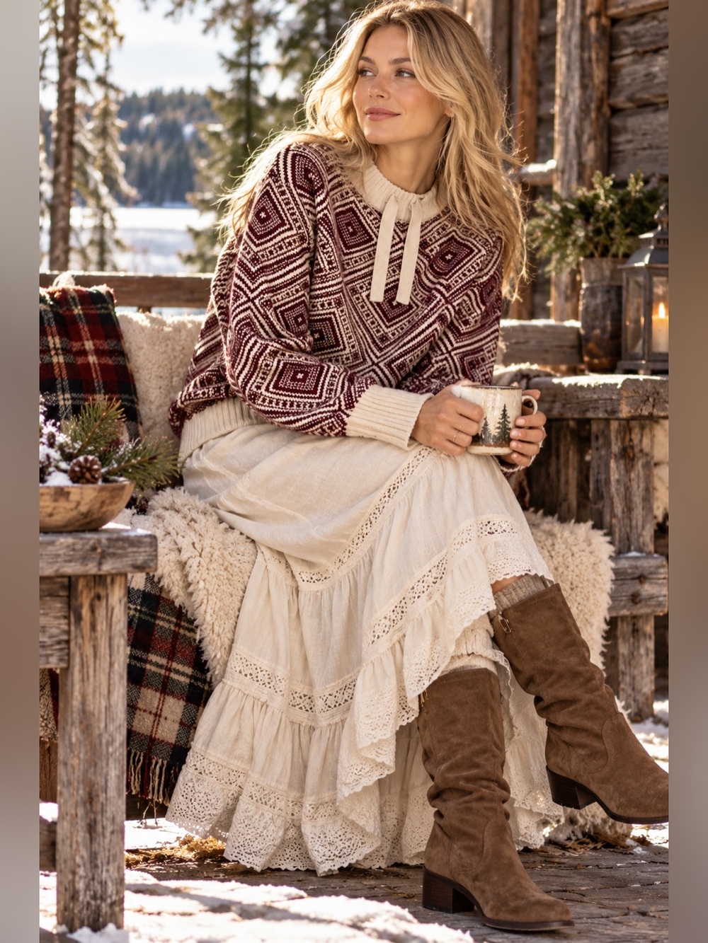 Olsen Brand Geometric Plum and Cream Crewneck Sweater